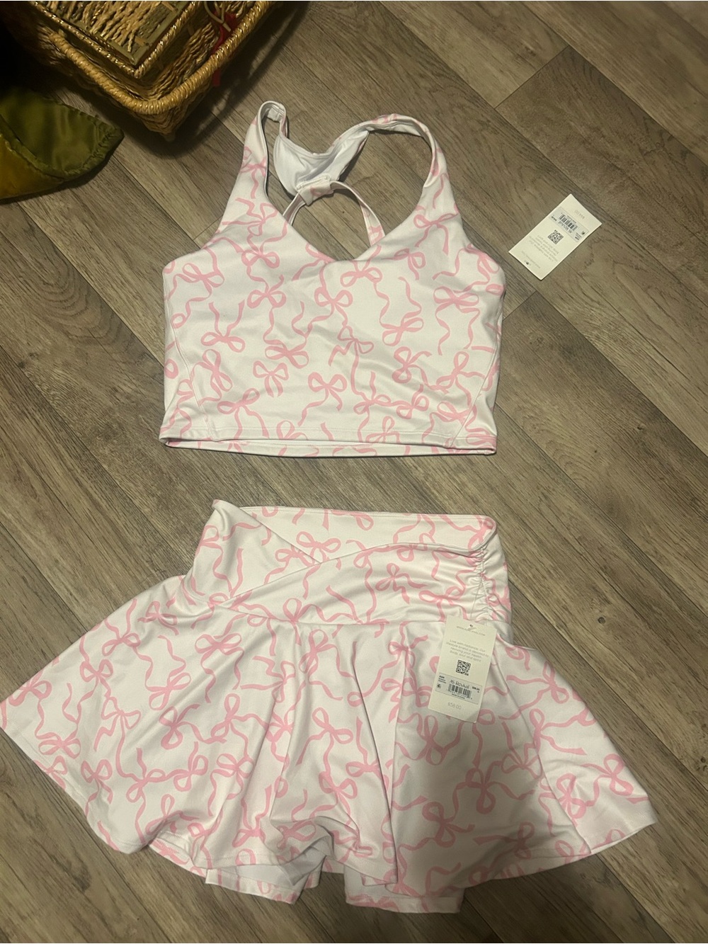 Altar'd State White and Pink Bow Print Cropped Tank and Skirt Set